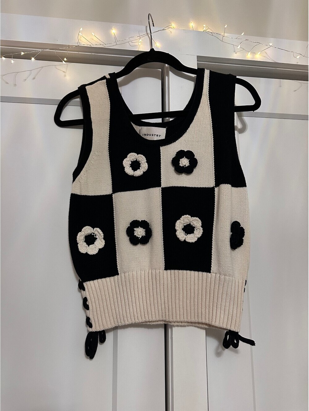 Industry Black and White Checkered Knit Tank Top with Floral Appliques